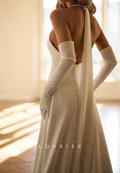 Halter V-Neck Sleeveless A-Line Simple Wedding  Dress