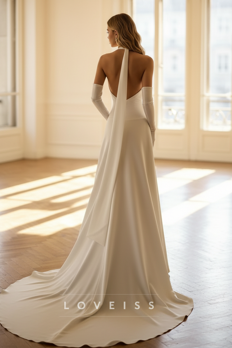 Halter V-Neck Sleeveless A-Line Simple Wedding  Dress