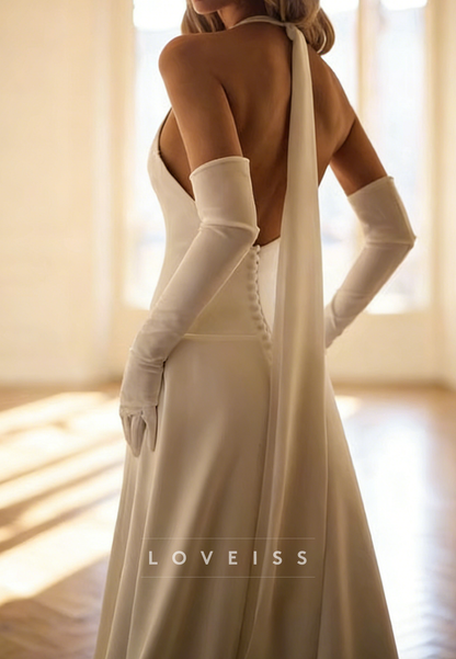 Halter V-Neck Sleeveless A-Line Simple Wedding  Dress