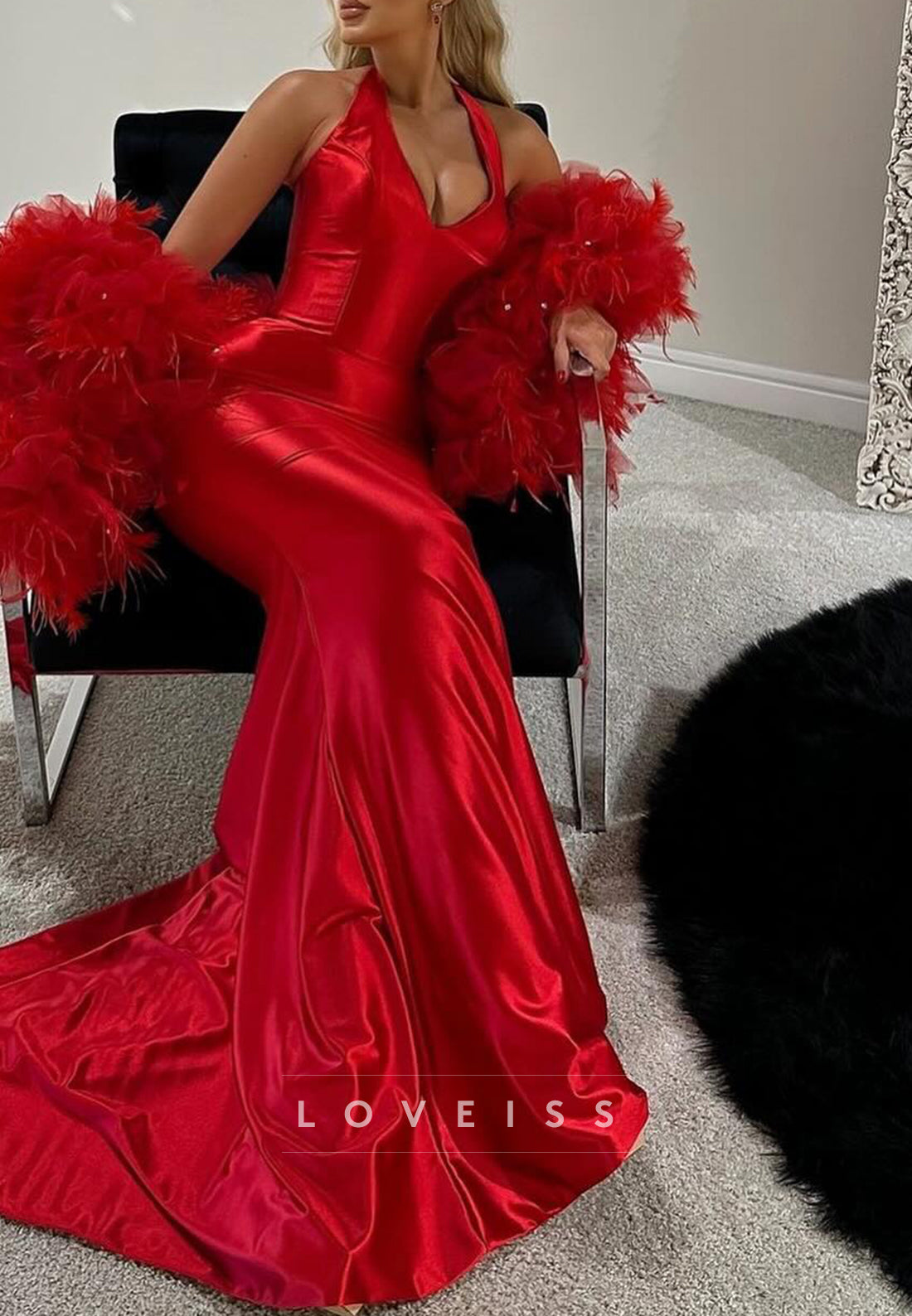 Halter V-Neck Sleeveless Fitted Mermaid Evening Dress