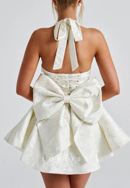 Halter V-Neck Sleeveless Floral Printed Bowknot A-Line Party Homecoming Dress