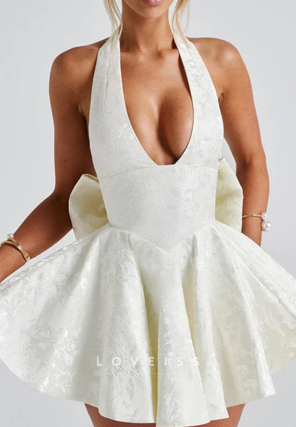 Halter V-Neck Sleeveless Floral Printed Bowknot A-Line Party Homecoming Dress