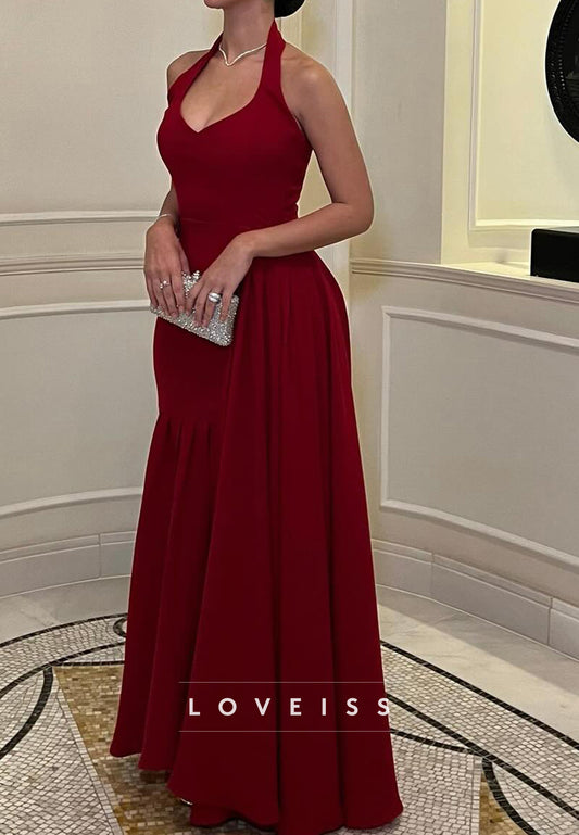 Halter V-Neck Sleeveless Pleated A-Line Evening Dress