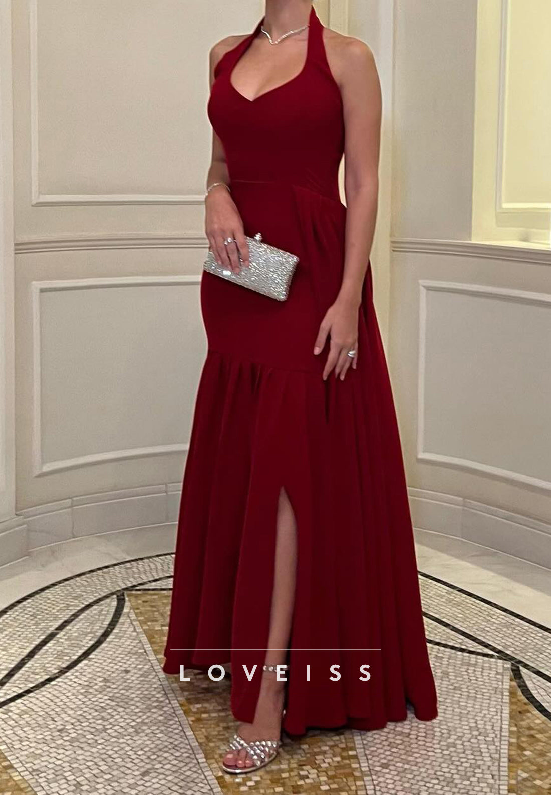Halter V-Neck Sleeveless Pleated A-Line Evening Dress