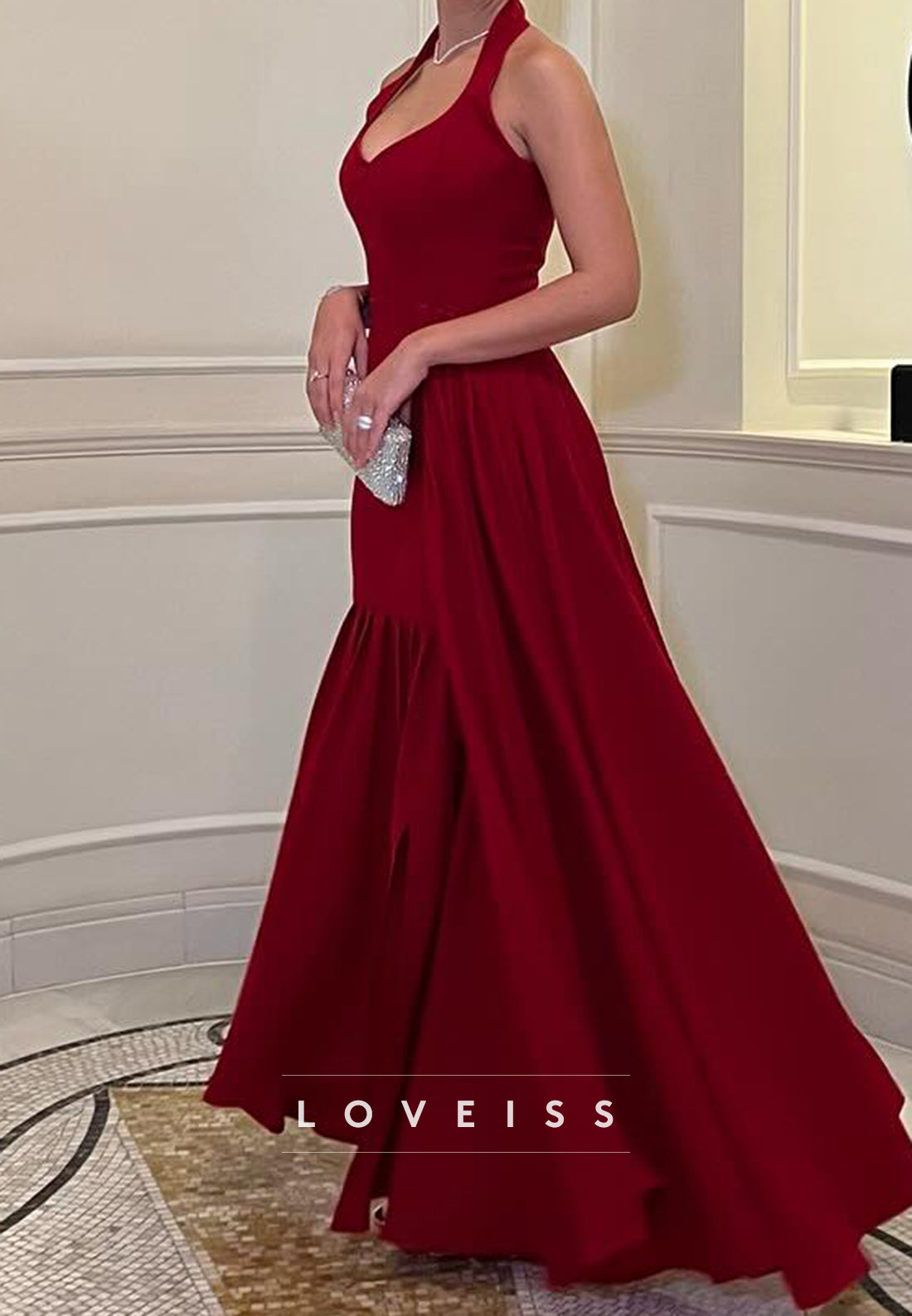 Halter V-Neck Sleeveless Pleated A-Line Evening Dress