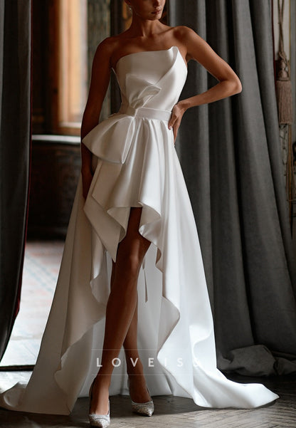 High Low Pleated Asymmetrical A-Line Beach Wedding Dress