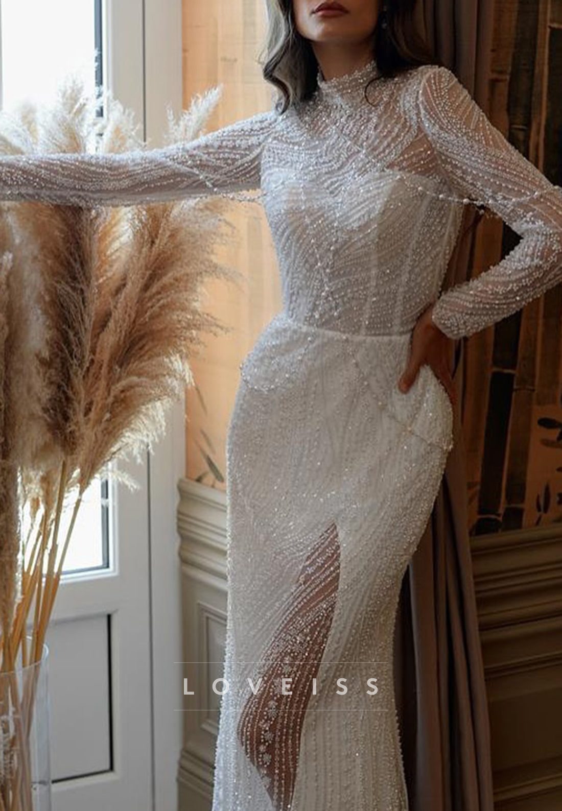 High Neck Beaded Embroidery Long Sleeves Sparkly Mermaid Wedding Dress