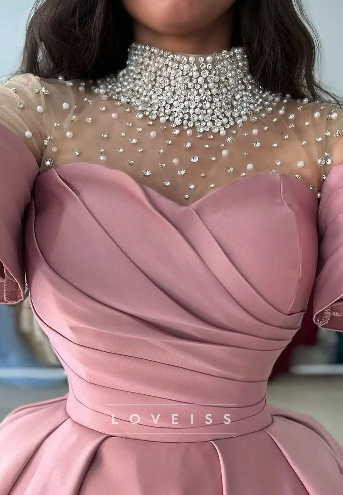 High Neck Beaded Sleeves Pleated Satin A-Line Prom Dress