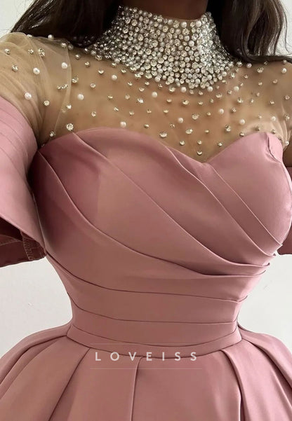 High Neck Beaded Sleeves Pleated Satin A-Line Prom Dress