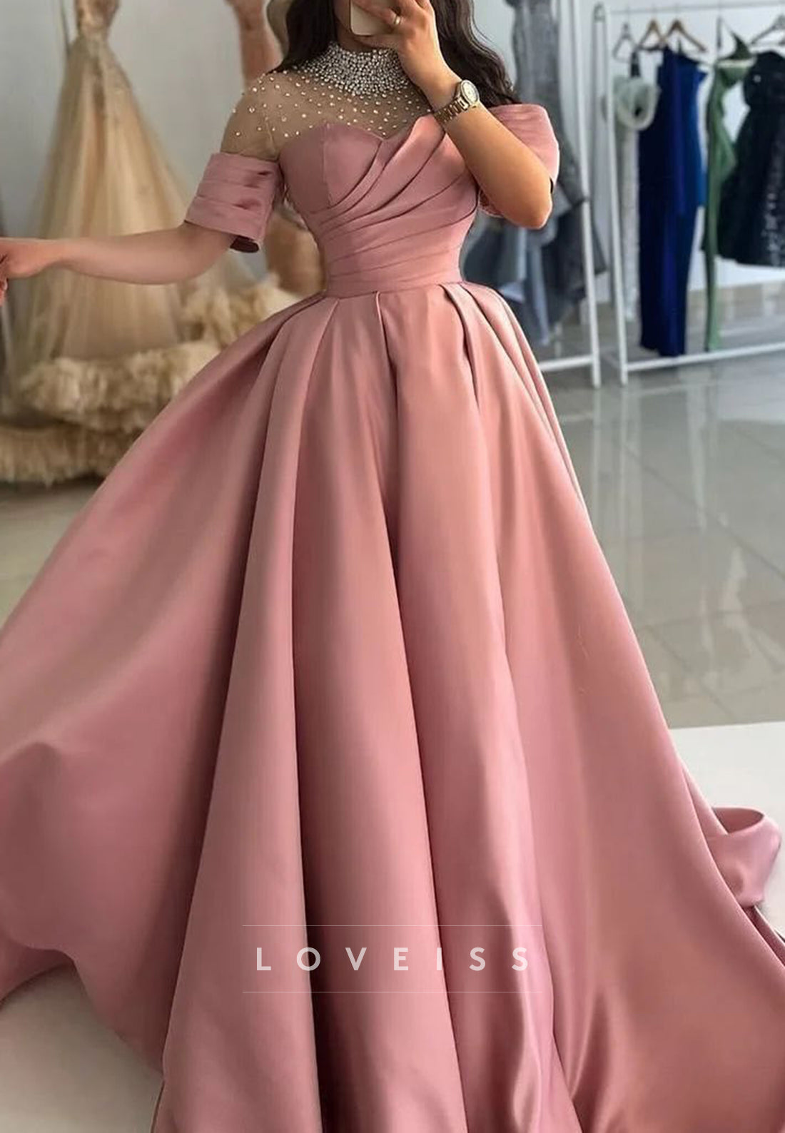 High Neck Beaded Sleeves Pleated Satin A-Line Prom Dress