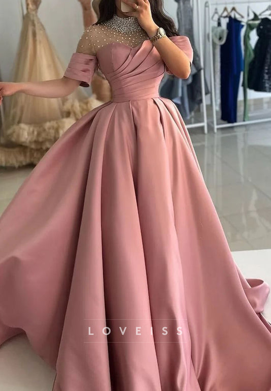High Neck Beaded Sleeves Pleated Satin A-Line Prom Dress
