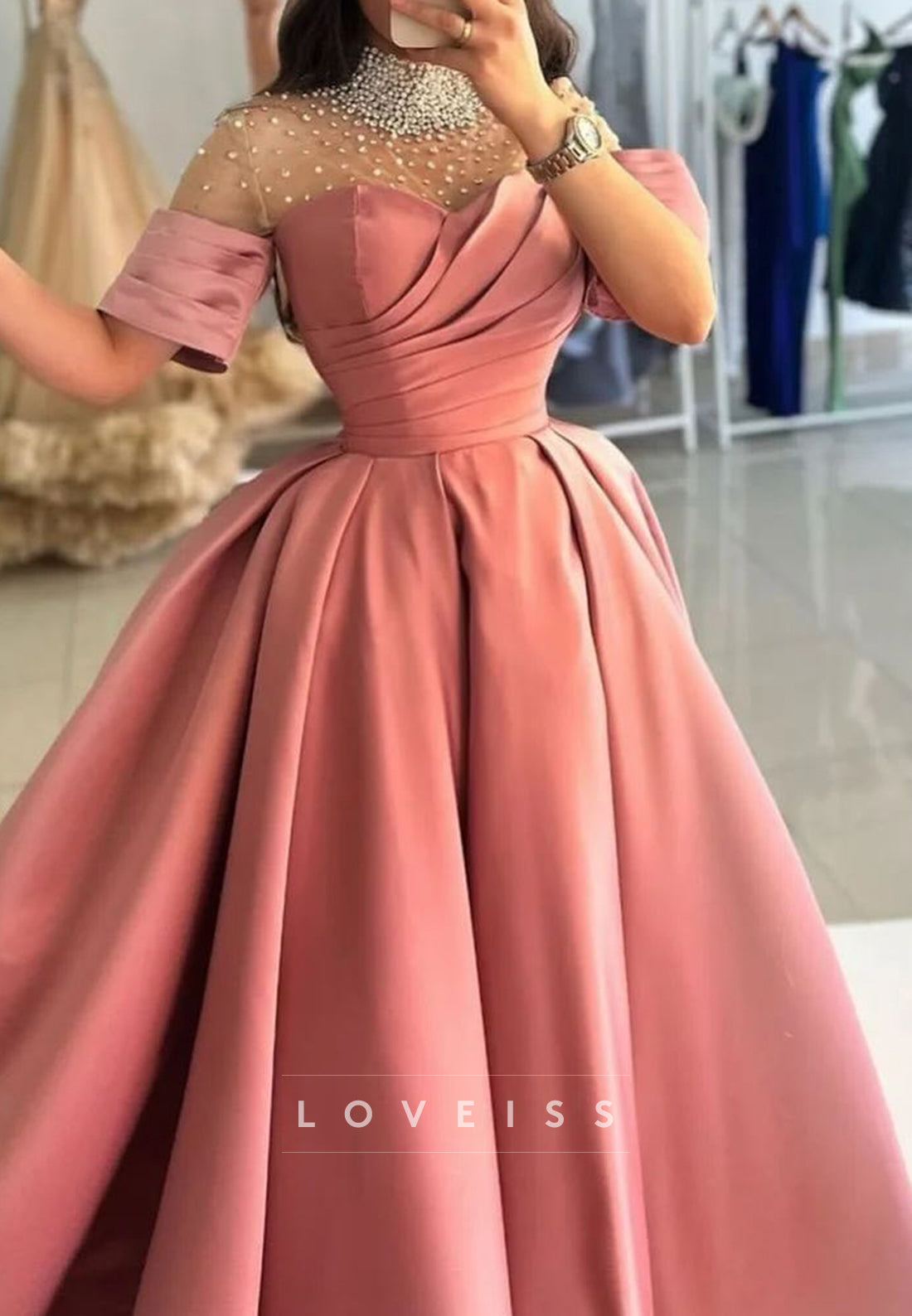 High Neck Beaded Sleeves Pleated Satin A-Line Prom Dress