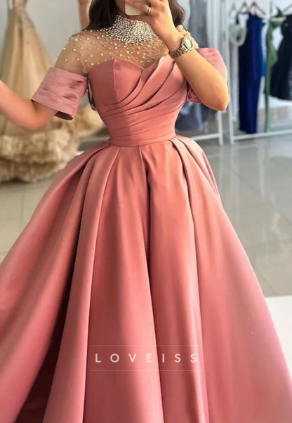 High Neck Beaded Sleeves Pleated Satin A-Line Prom Dress