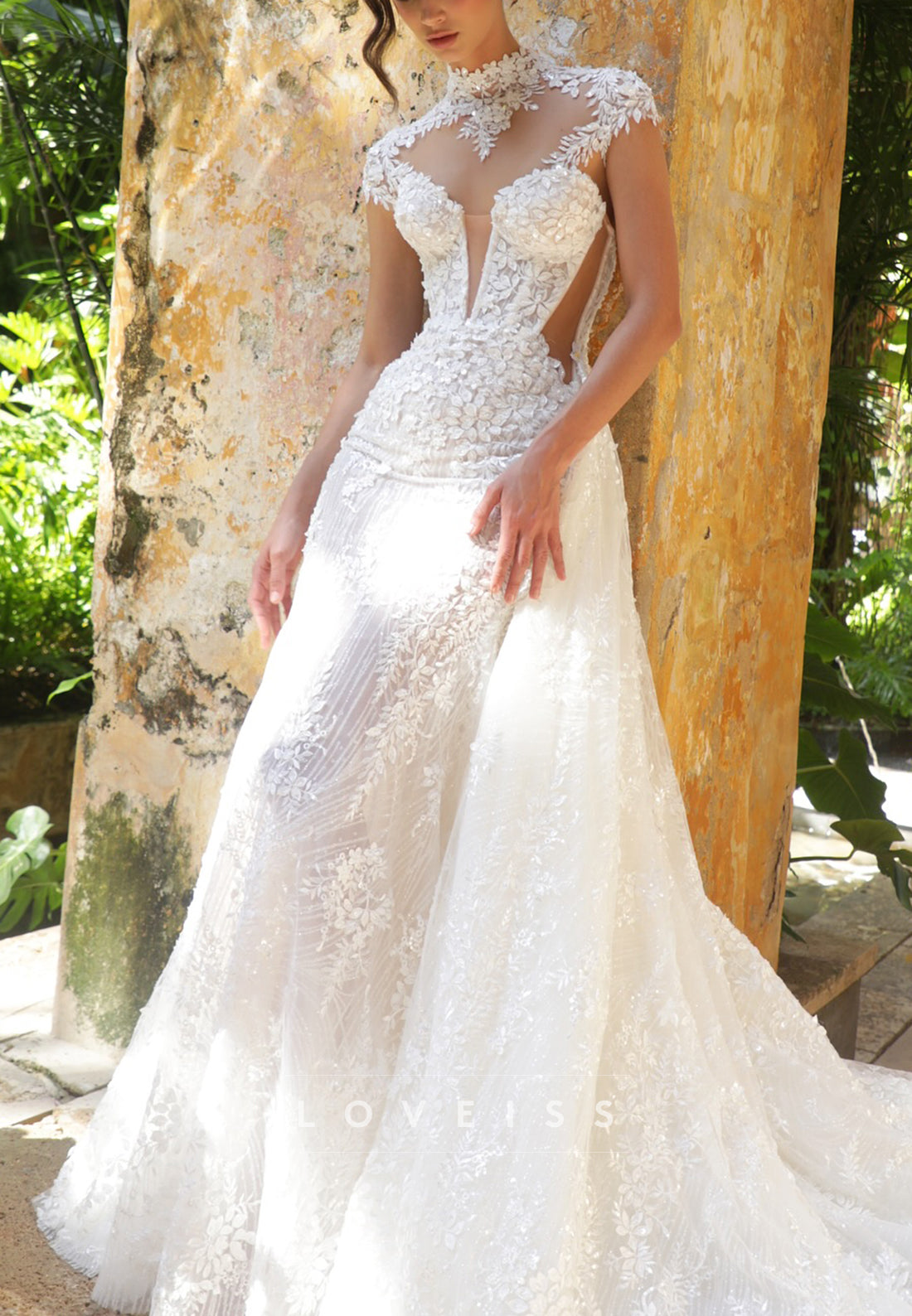 High Neck Cap Sleeves Appliques Mermaid Wedding Dress