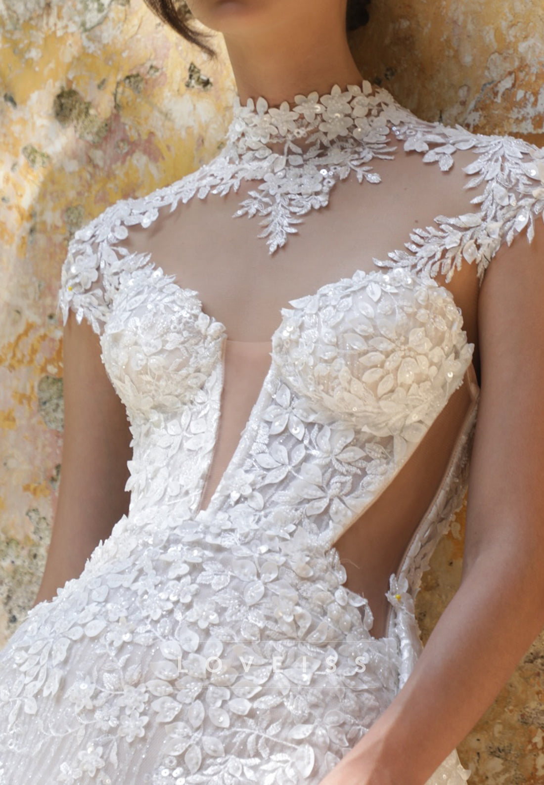 High Neck Cap Sleeves Appliques Mermaid Wedding Dress