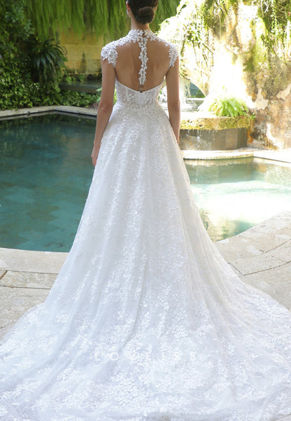 High Neck Cap Sleeves Appliques Mermaid Wedding Dress