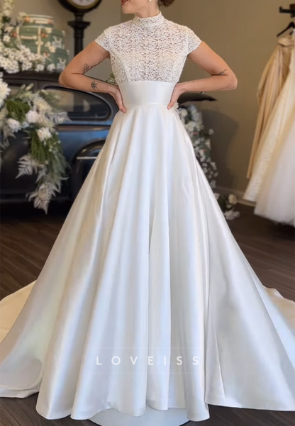 High Neck Cap Sleeves Appliques Satin A-Line Wedding Dress