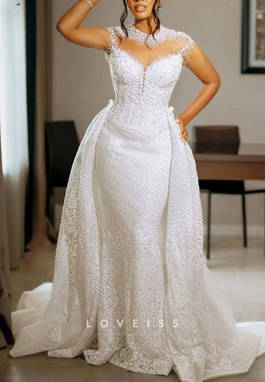 High Neck Cap Sleeves Beaded Lace Appliques Mermaid Wedding Dress