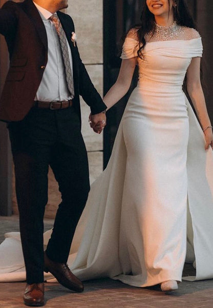 High Neck Cap Sleeves Beaded Sleek Mermaid Wedding Dress