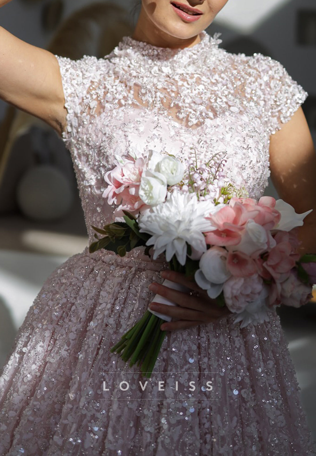High Neck Cap Sleeves Floral Appliques A-Line Sparkly Wedding Dress