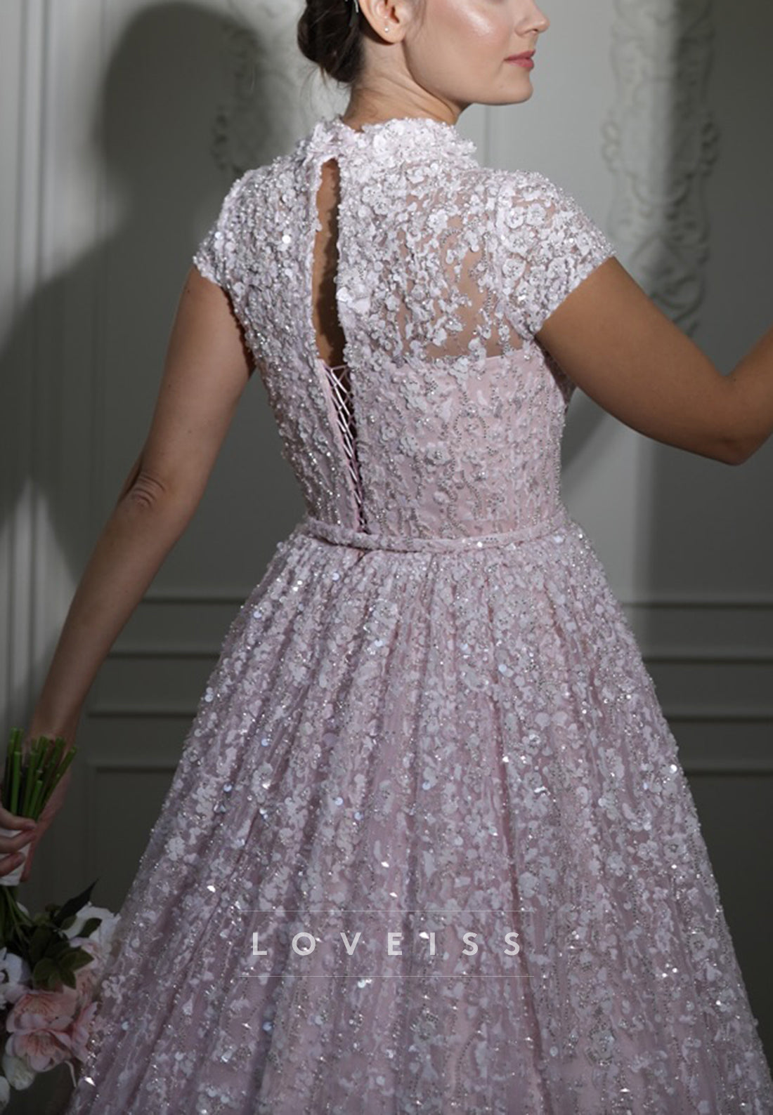 High Neck Cap Sleeves Floral Appliques A-Line Sparkly Wedding Dress