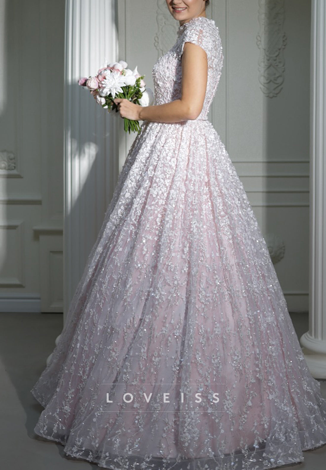 High Neck Cap Sleeves Floral Appliques A-Line Sparkly Wedding Dress
