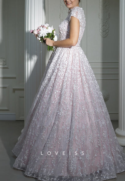 High Neck Cap Sleeves Floral Appliques A-Line Sparkly Wedding Dress