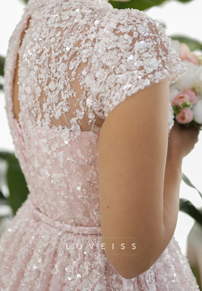High Neck Cap Sleeves Floral Appliques A-Line Sparkly Wedding Dress