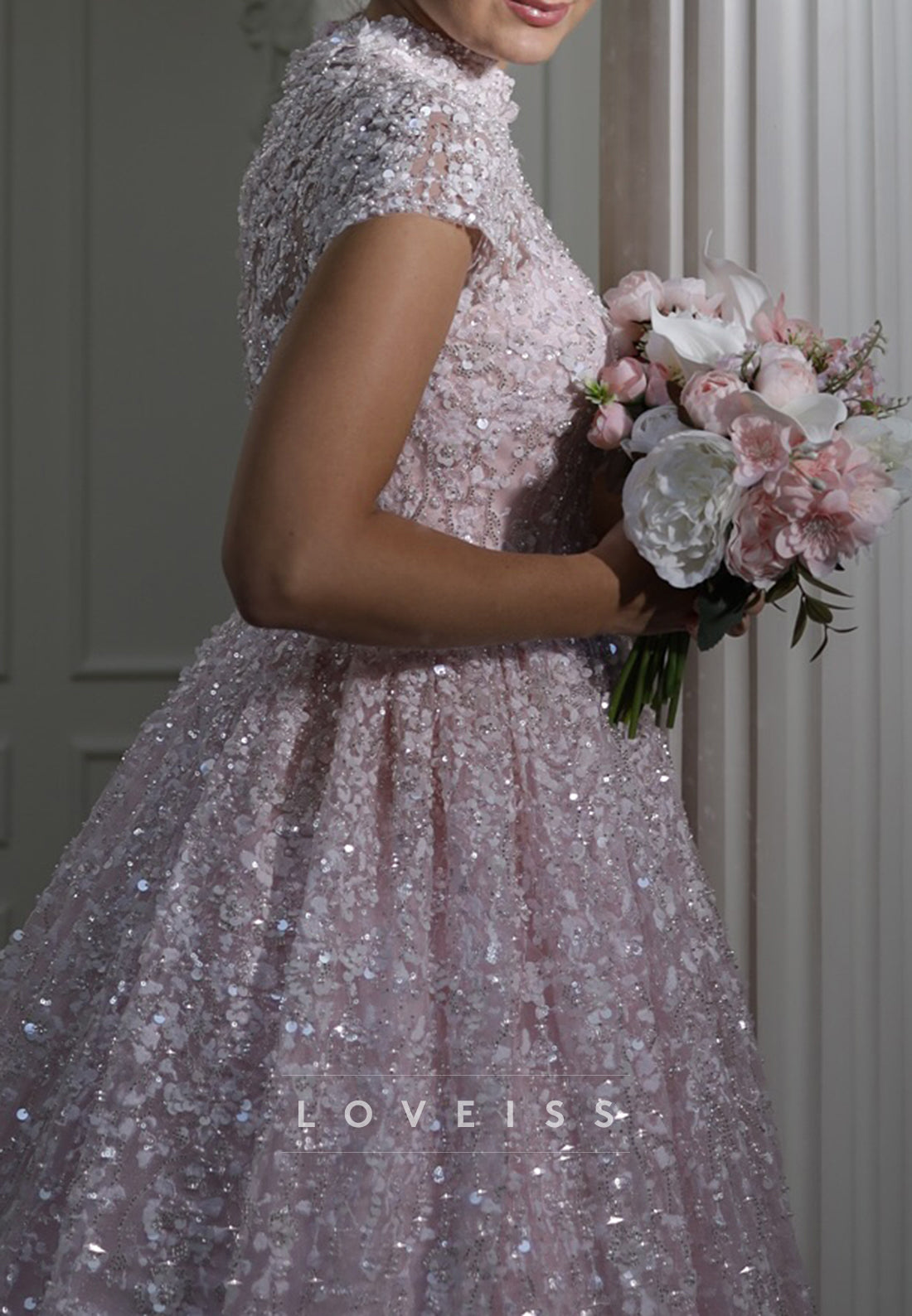 High Neck Cap Sleeves Floral Appliques A-Line Sparkly Wedding Dress