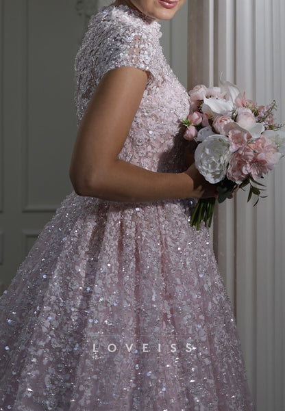 High Neck Cap Sleeves Floral Appliques A-Line Sparkly Wedding Dress
