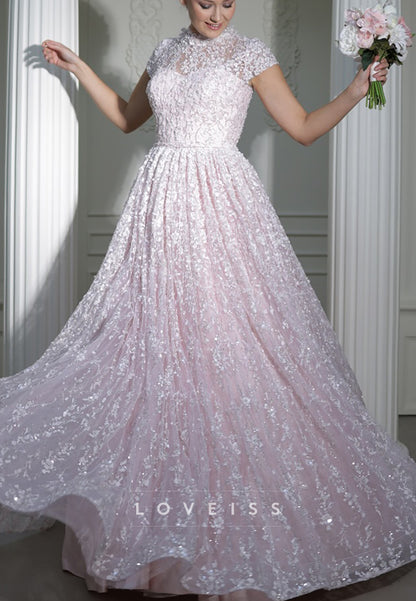 High Neck Cap Sleeves Floral Appliques A-Line Sparkly Wedding Dress