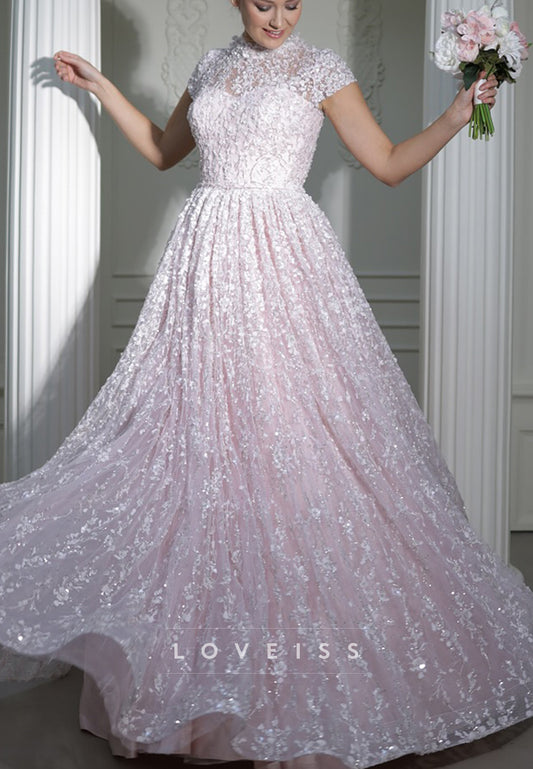 High Neck Cap Sleeves Floral Appliques A-Line Sparkly Wedding Dress