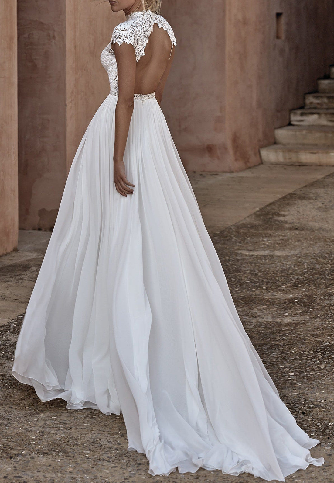 High Neck Cap Sleeves Lace Appliques A-Line Boho Wedding Dress