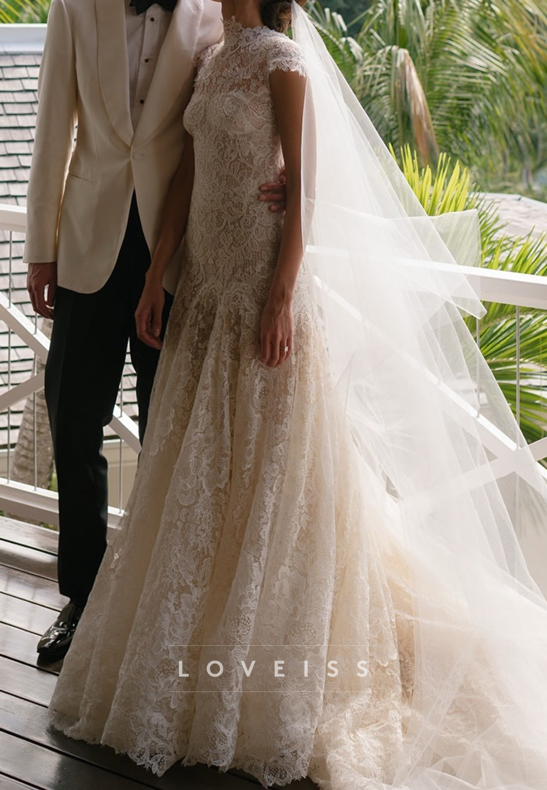 High Neck Cap Sleeves Lace Appliques A-Line Wedding Dress