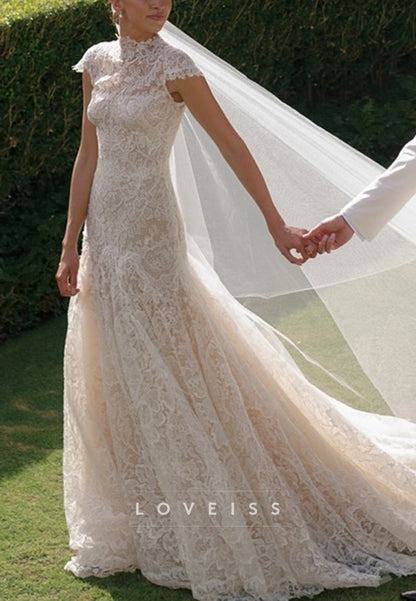 High Neck Cap Sleeves Lace Appliques A-Line Wedding Dress