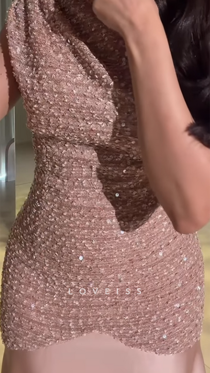 High Neck Cap Sleeves Sheath Sequins Sheath Formal Dress