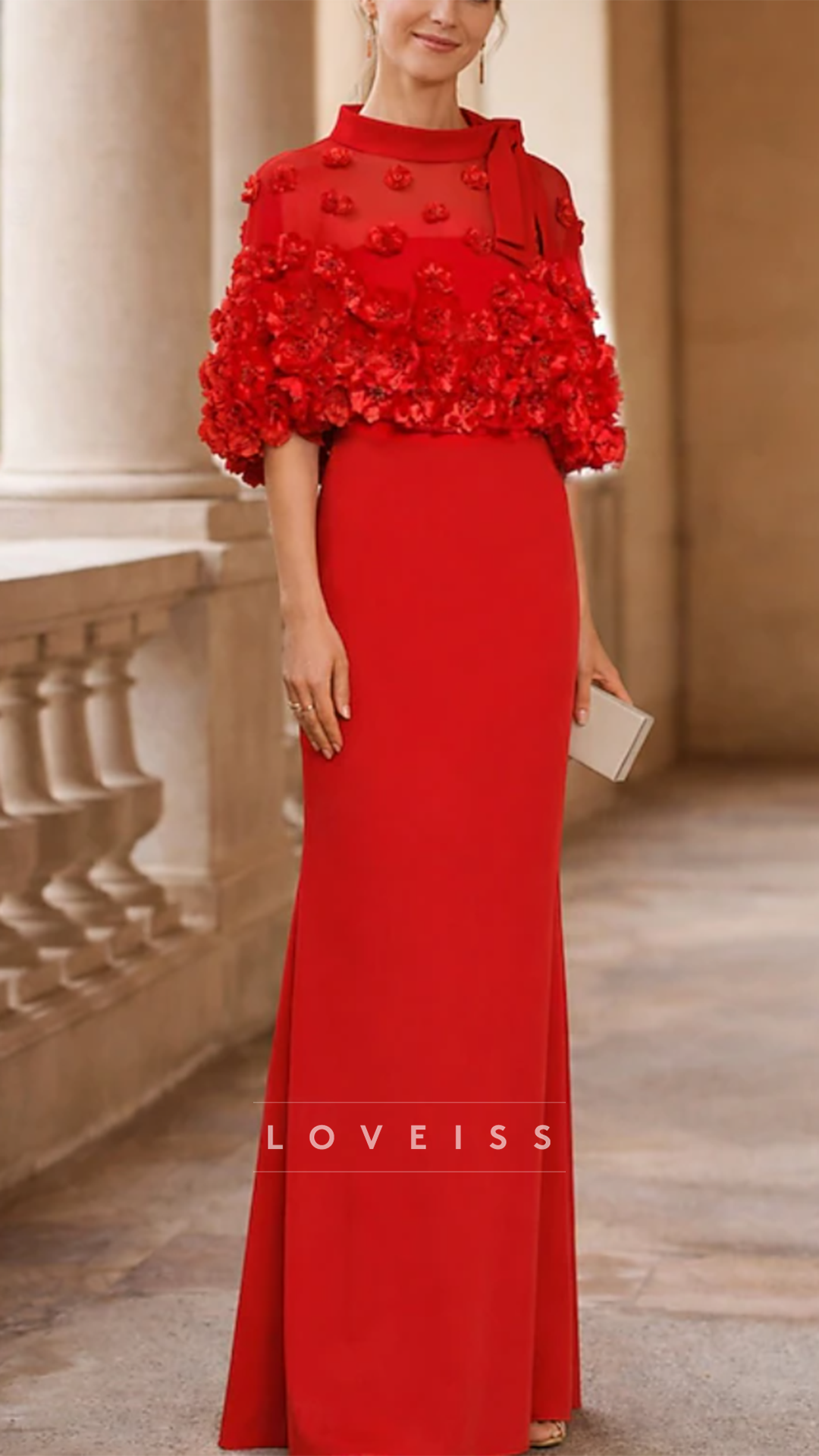 High Neck Floral Embellished Sheath Mother of Bride Dress