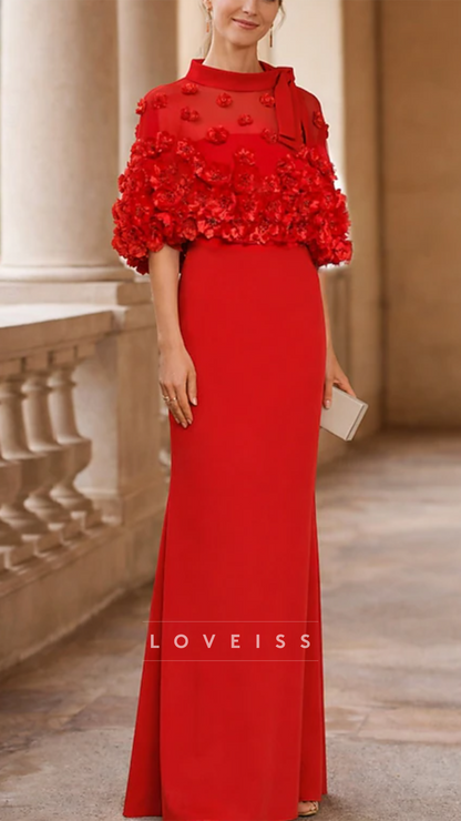 High Neck Floral Embellished Sheath Mother of Bride Dress
