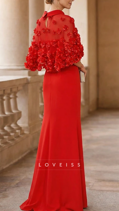 High Neck Floral Embellished Sheath Mother of Bride Dress