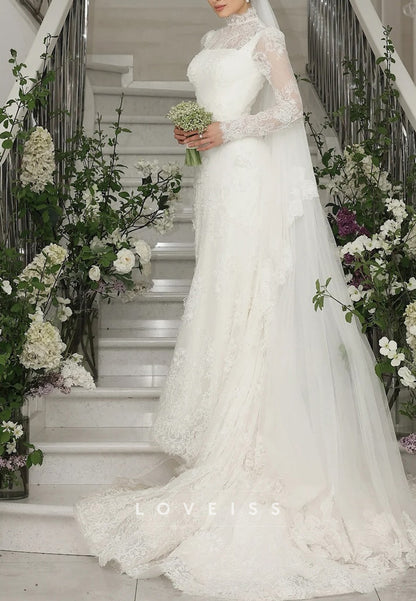 High Neck Full Floral Lace Appliques Sheath Wedding Dress