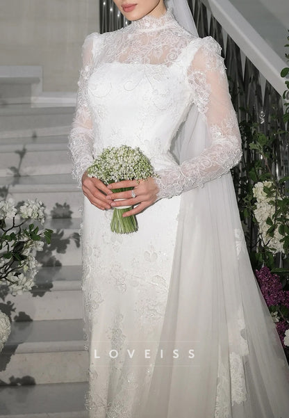 High Neck Full Floral Lace Appliques Sheath Wedding Dress