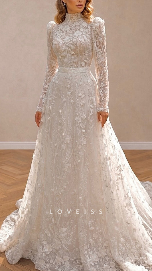 High Neck Long Sleeves Appliques A-Line Wedding Dress