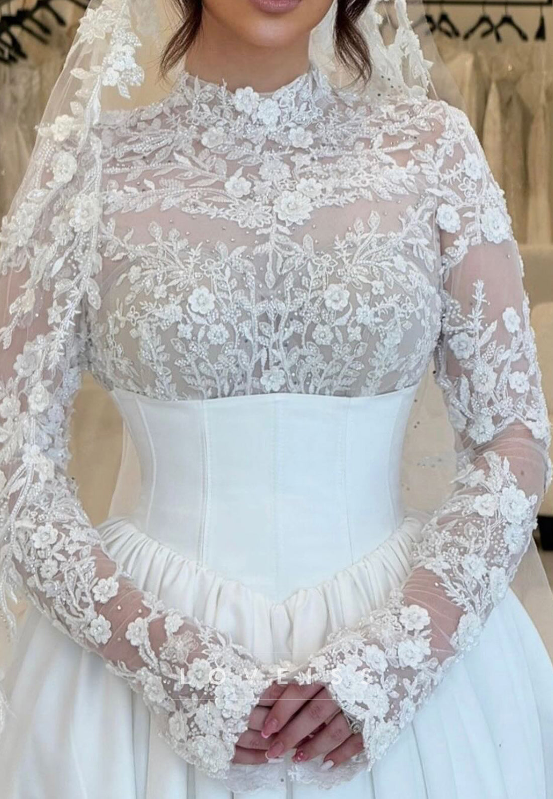 High Neck Long Sleeves Appliques Pleated Satin Elegant Wedding Dress