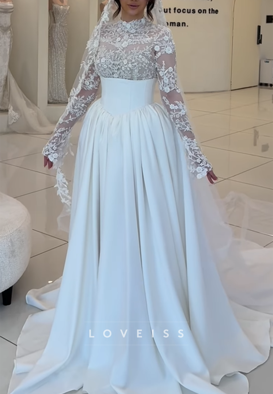High Neck Long Sleeves Appliques Pleated Satin Elegant Wedding Dress