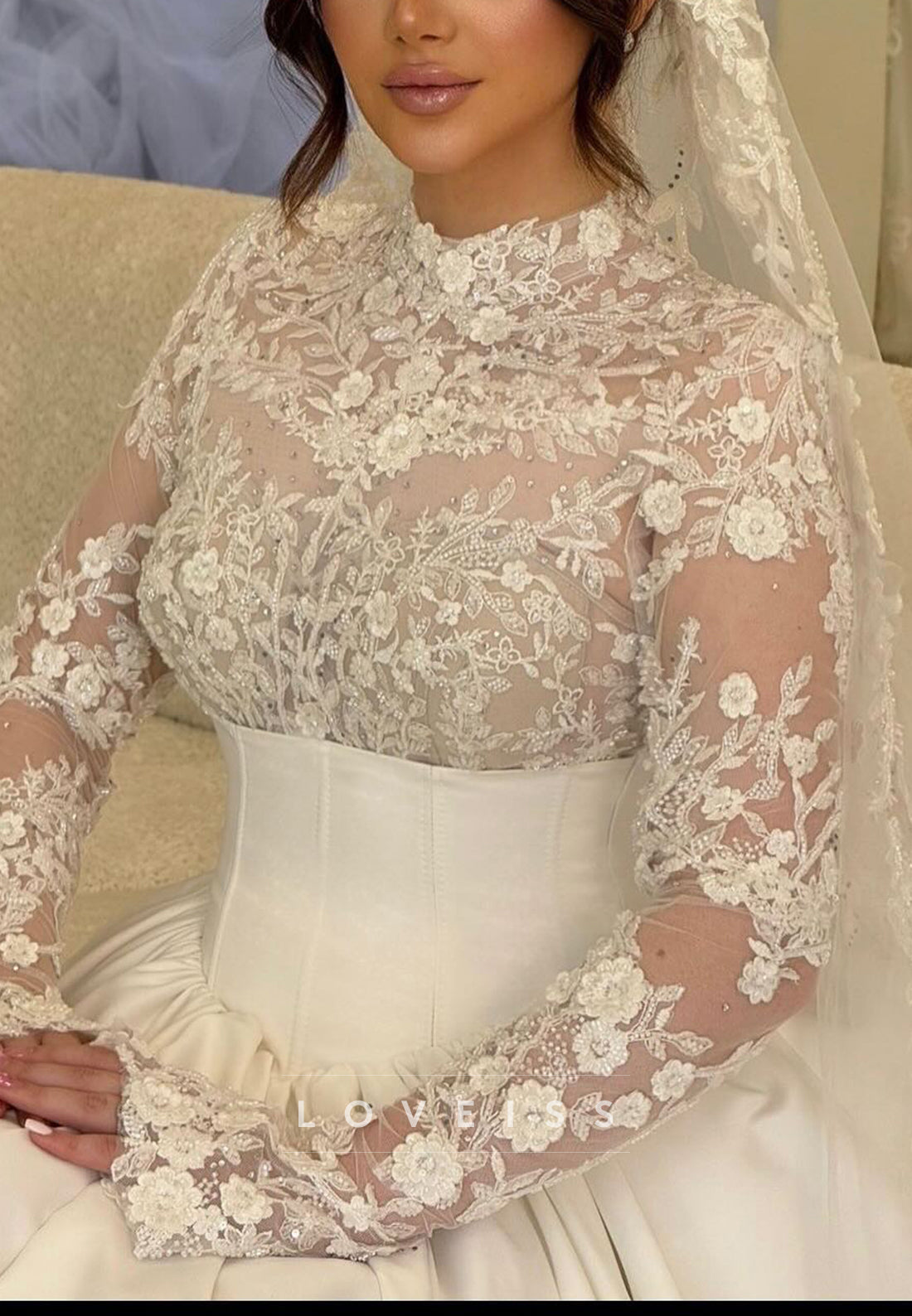 High Neck Long Sleeves Appliques Pleated Satin Elegant Wedding Dress