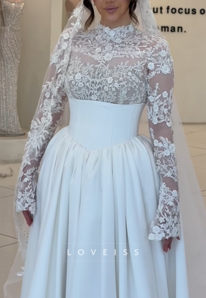 High Neck Long Sleeves Appliques Pleated Satin Elegant Wedding Dress