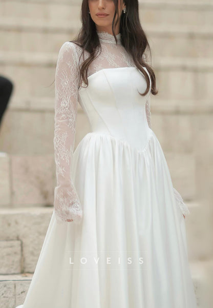 High Neck Long Sleeves Appliques Satin Wedding Dress
