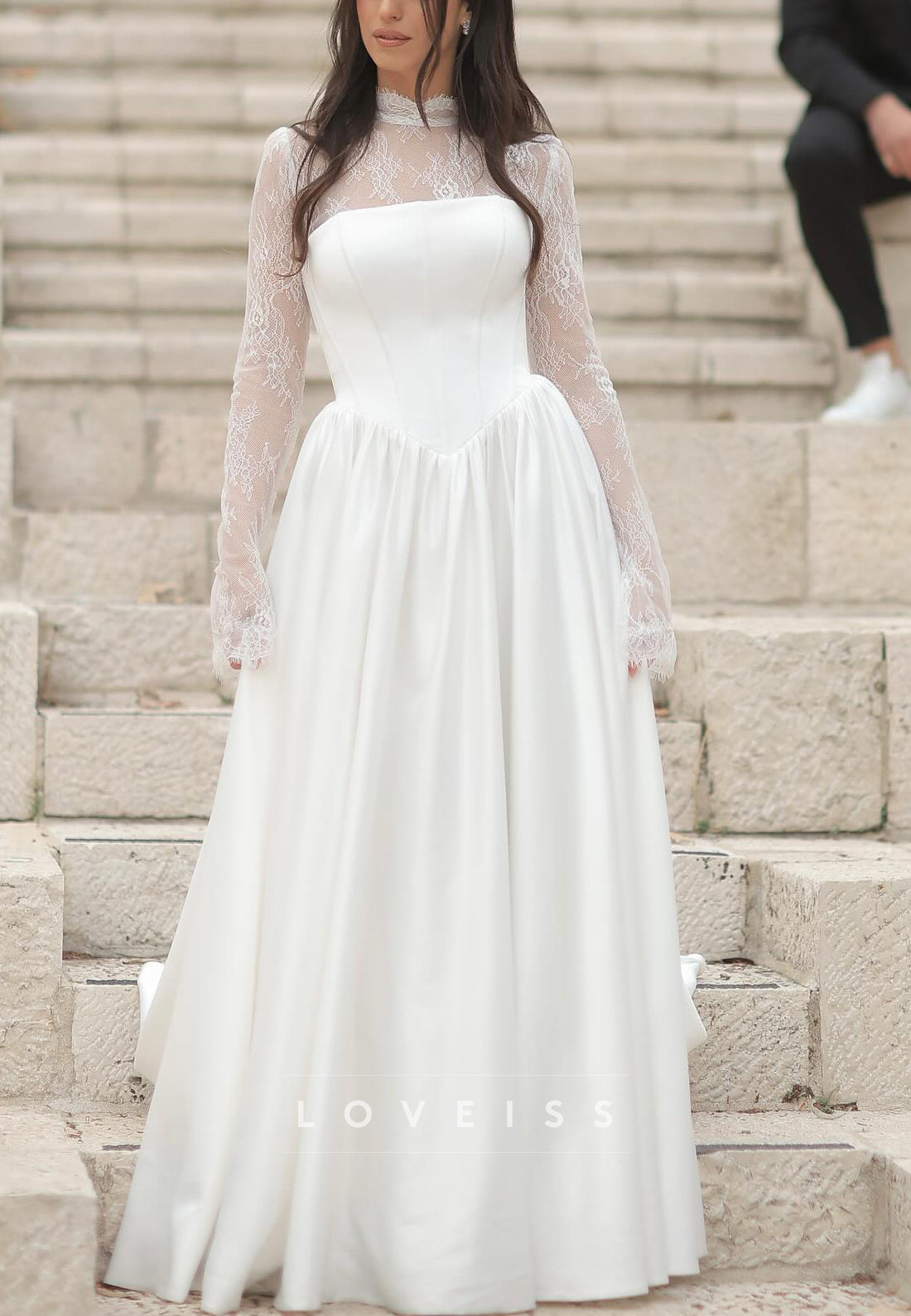 High Neck Long Sleeves Appliques Satin Wedding Dress