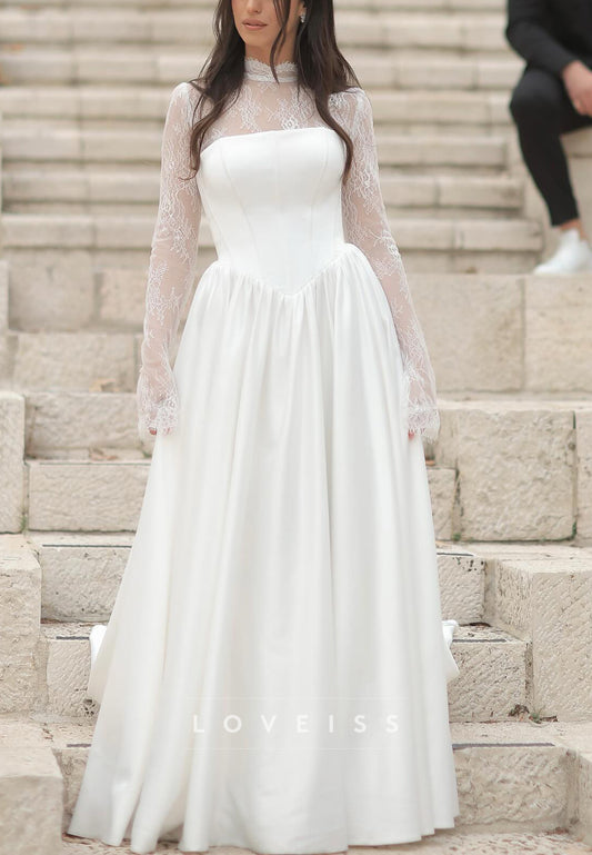 High Neck Long Sleeves Appliques Satin Wedding Dress