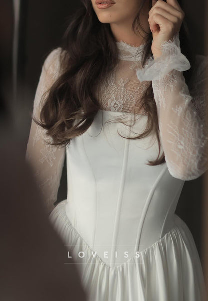 High Neck Long Sleeves Appliques Satin Wedding Dress